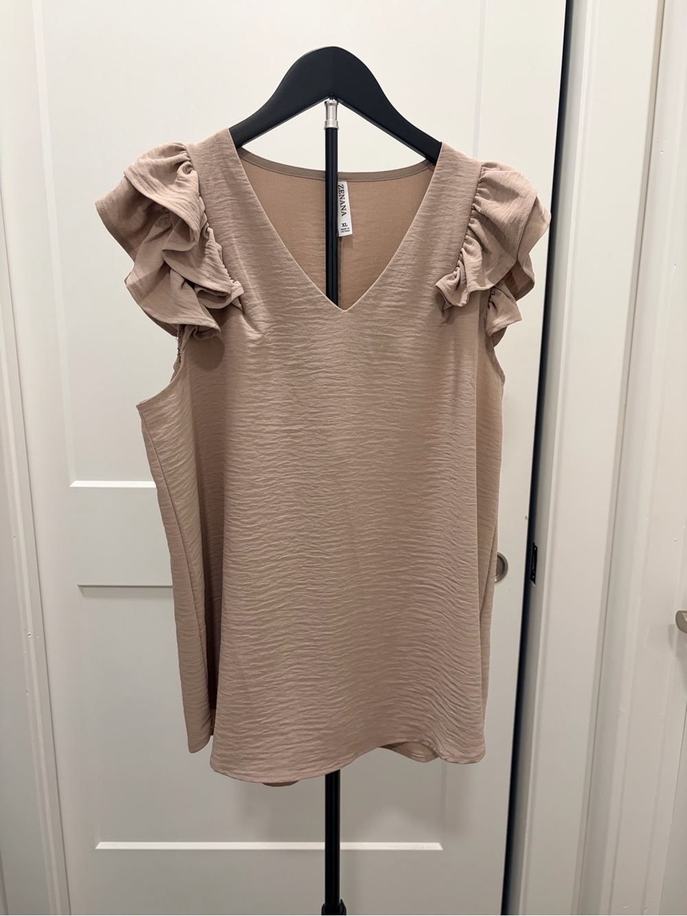 V-Neck Ruffle Sleeve Blouse - Beige